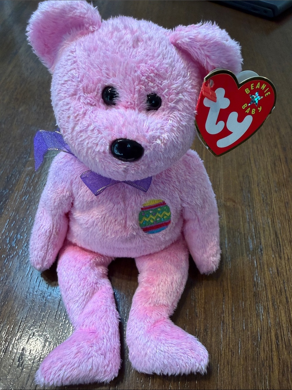 Ty Pink Plush Bear with Purple Bow and Colorful Patch
